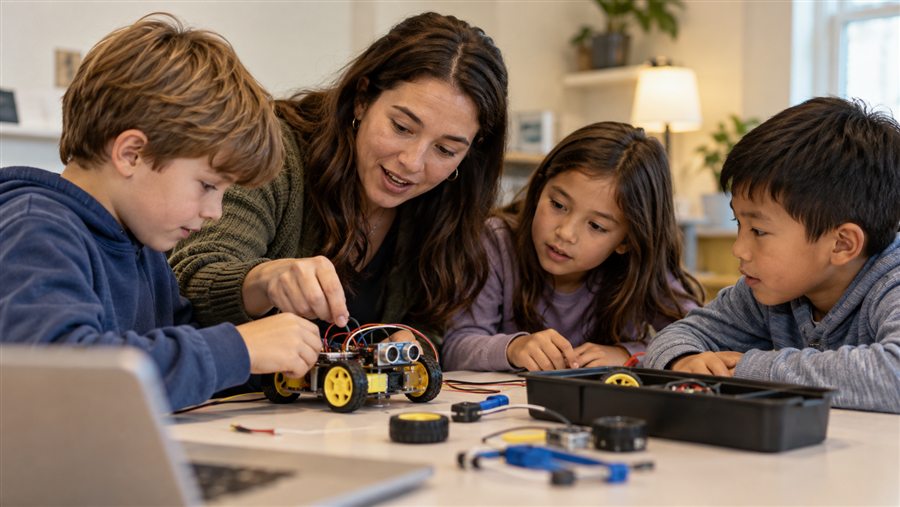 Instructor helping children build a small robot