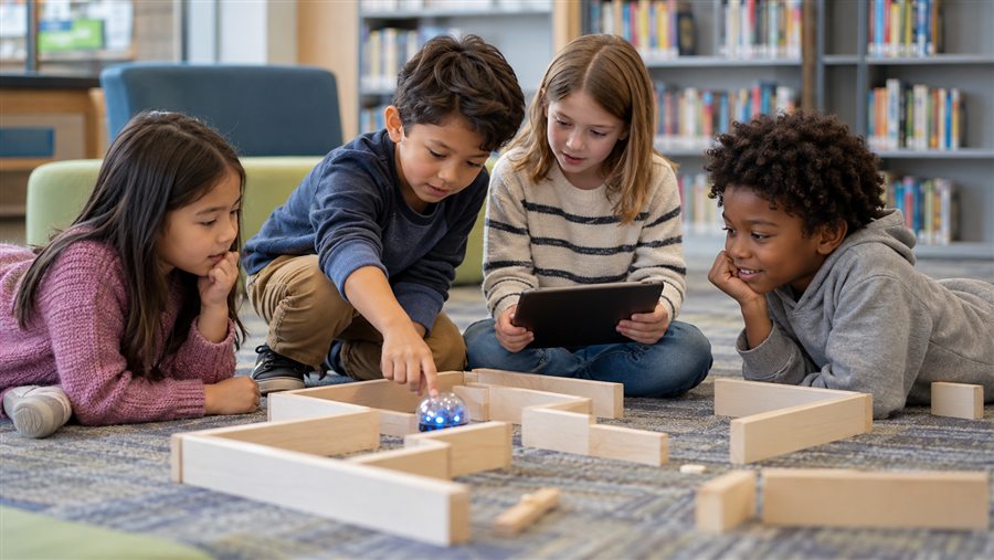 Children working together on a robot maze