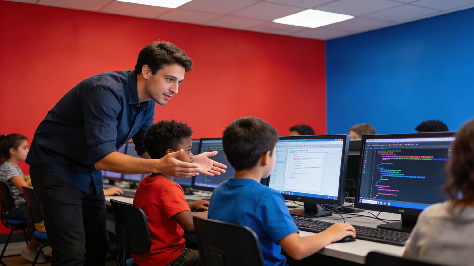 Instructor guiding students as they work on coding projects