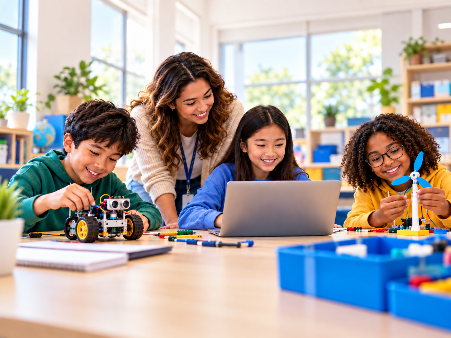 Students explore robotics, coding, and engineering with an instructor